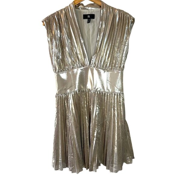 Banana Republic Gold Metallic Pleated Mini Dress Size 10P - Picture 3 of 7